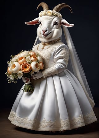  portrait of Dressed animals - a ((fat)) baby goat,(elegant pose),(closed mouth),(frurry), high quality,(lovely) ,intricate details, highly detailed ((wedding dress)),wearing opera globes ,wearing highly detailed veil, highly detailed decorations ,holding flower bouquet, (happy), studio lighting,(full body image:1.5),comic book