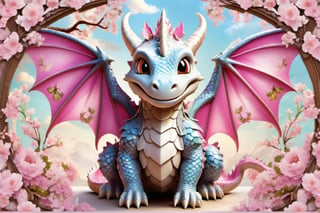 Happy, image of cute dragon,intricate details,cherry blossom background,
 blessed, welcoming , cute, adorable, vintage, art on a cracked paper, fairytale, patchwork, stained glass, storybook detailed illustration, cinematic, ultra highly detailed, tiny details, beautiful details, mystical, luminism, vibrant colors, complex background,,cute dragon