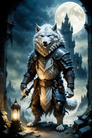 (((Top Quality: 1.4))), (Art by jean baptiste monge),(Unparalleled Masterpiece),(Ultra High Definition),(Ultra-Realistic 8k CG),chiaroscuro,cute white werwolf,king of werwolves massive mascular body, standing,fluffy body , in dark medieval castle,horror , eerie moon light makes gradient of shadows and adds depth to images, (magic mysterious background,highly detailed baclgound, glowing particles, ethereal fog, faint darkness), hype realistic cover photo awesome full color, Cinematic, (hyper detail: 1.2), perfect anatomy,more detail XL,Leonardo Style,,detailmaster2,((over waist image:1.8)),,realistic,monster