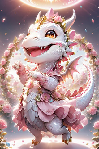  portrait of cute dragon,(dynamic  pose), high quality,(holding a pink rose) ,intricate details, highly detailed dress ,smile,highly detailed flower decorations, long tail , (wind effect),  confetti of roses background,sun light,(full body image:1.5),more detail XL,,cute dragon,sticker