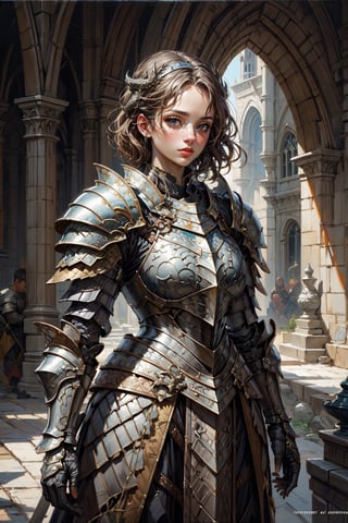 masterpiece,absurdres,best quality,extremely detailed,highres,A woman,knight in dragon armor,sideways,oil painting,classic painting,dragon armor