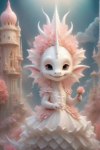 A beautiful and whimsical elusive pop noir surrealism, art of cute dragon bride,holding a bouquet,(big smile),(happy),(highly detailed wedding dress),(wearing a beautiful viel),Abstract Dreamwave background, castle background,in the style of Dr. Seuss, inspired by Mandelbrot fractals and the Doppler effect glitchcore, in the style of Ray Caesar, modern art, art nouveau, realism fantastic, intricate details, surreal emotion art, interesting emotional feeling, highli texture details, Behance winning award. rendered in a charming, ornate style, with textured brushstrokes and incredibly high 12k resolution. This highly detailed 3DHD oil painting showcases Pierre-Auguste Renoir's mastery of color and technique. The deep, incandescent tones and ultra-fine details evoke a surrealist vibe reminiscent of Craola, Nicoletta Ceccoli, Beeple, Jeremiah Ketner, Todd Lockwood. Meticulously hand-painted with meticulous attention to detail, this work of art captures the essence of fantastical scenes from a bygone era. Created using cutting-edge Octane Render technology, underwater,cute dragon