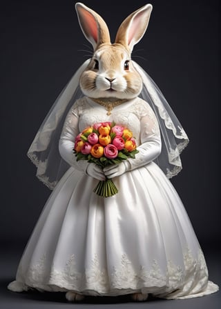 photorealistic portrait of Dressed animals - a ((fat)) cute rabbit,(elegant pose),(closed mouth),(frurry), high quality,(lovely) ,intricate details, highly detailed ((wedding dress)),wearing opera globes ,wearing highly detailed veil, highly detailed decorations ,holding flower bouquet, (happy), studio lighting,(full body image:1.5),comic book