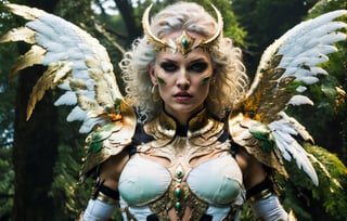 (wide angle),(Aetherpunk style:1.4),8k , ultra quality ,nature,pagan imagery,intricate detailed, beautiful valkyrie ,gold detailed holy gorgeous armor,intricate detailed wide angelic wings,spreading angelic wings wide,utopia,magic,detailed,mages,outdoors,amazing scenery,(highly detailed:1.2),(ultra realism:1.2), realistic, detailed, textured, skin, platinum white hair, green eyes, by Alex Huguet, Mike Hill, Ian Spriggs, JaeCheol Park, Marek Denko
,detailmaster2,more detail XL,(half body image),realistic