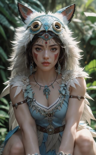 fashion photography portrait of 1girl, princess mononoke,(wearing (princess mononoke coscume)),crouching,face paint,muscular body,slim abs,in blue lush jungle with flowers , 3d render, cgi, symetrical, octane render, 35mm, bokeh, 9:16, (intricate details:1.12), hdr, (intricate details, hyperdetailed:1.15), (natural skin texture, hyperrealism, soft light, sharp:1.2),,realistic,realism,photorealistic,Masterpiece,nargacuga armor,Realism,More Detail,princessmononoke,character,1 girl,low angle