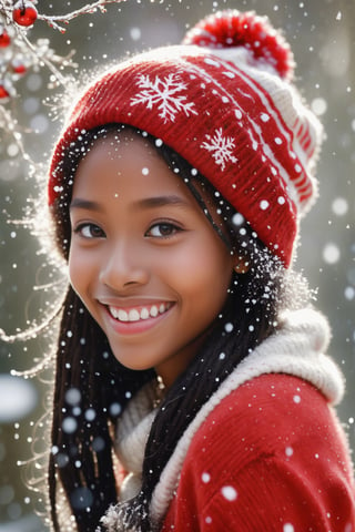 Mezzotint color print of a beautiful young black 
girl , wearing red and white knit hat,tangled hair, detailed face, lovely smile,simple red dress, snowing background,art by Jean-Baptiste Monge,art by Hans Bellmer,beautymix