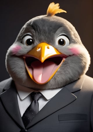 face close up photo of anthropomorphic chick,(tongue), (furry),dressed in a dark gray suit, (sticking out tongue:1.5),(happy smile:1.5),(playful:1.2), soft lighting, Cinematic, hdr, primitive, Intricate, High quality, smoothing tones, Intricate details, Low contrast,(viewed from side:2.0), (looking at viewer:1.5), simple background