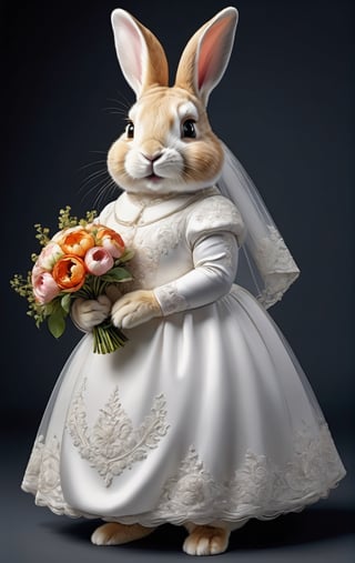 photorealistic portrait of Dressed animals - a ((fat)) baby rabbit,(elegant pose),(closed mouth),(frurry), high quality,(lovely) ,intricate details, highly detailed ((wedding dress)),wearing opera globes ,wearing highly detailed veil, highly detailed decorations ,holding flower bouquet, (happy), studio lighting,(full body image:1.5),comic book
