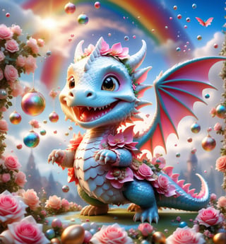 chibi cute dragon smiling charmingly, nestled among roses, gifts and golden seeds, framed by a verdant lawn dotted with Easter eggs, against a backdrop of blue skies and rainbow arches with floating soap bubbles, in a charmingly pose, photographed by Miki Asai with macro lens precision, trending on ArtStation with Greg Rutkowski's detailed fantasy style in 9k resolution, sharp focus aperture F 1.5, intricate details, setting studio photography, ultra high,cute dragon