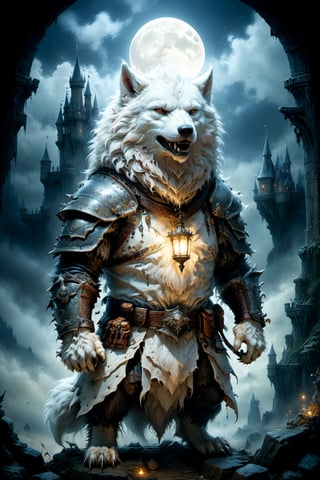 (((Top Quality: 1.4))), (Art by jean baptiste monge),(Unparalleled Masterpiece),(Ultra High Definition),(Ultra-Realistic 8k CG),chiaroscuro,cute white werwolf,king of werwolves massive mascular body, standing,fluffy body , in dark medieval castle,horror , eerie moon light makes gradient of shadows and adds depth to images, (magic mysterious background,highly detailed baclgound, glowing particles, ethereal fog, faint darkness), hype realistic cover photo awesome full color, Cinematic, (hyper detail: 1.2), perfect anatomy,more detail XL,Leonardo Style,,detailmaster2,((over waist image:1.8)),,realistic,monster