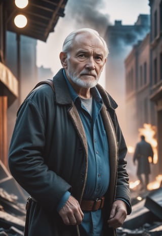cinematic film stile,cinematic photo sad old man in a post apocalyptic destroyed city after nuclear blast, newdawn, high quality photography, 3 point lighting, flash with softbox, 4k, Canon EOS R3, hdr, smooth, sharp focus, high resolution, award winning photo, 80mm, f2.8, bokeh , detailed, realistic, 8k uhd, high quality, high quality photography, 3 point lighting, flash with softbox, 4k, Canon EOS R3, hdr, smooth, sharp focus, high resolution, award winning photo, 80mm, f2.8, bokeh . 35mm photograph, film, bokeh, professional, 4k, highly detailed, high quality photography, 3 point lighting, flash with softbox, 4k, Canon EOS R3, hdr, smooth, sharp focus, high resolution, award winning photo, 80mm, f2.8, bokeh . shallow depth of field, vignette, highly detailed, high budget, bokeh, cinemascope, moody, epic, gorgeous, film grain, grainy,close up
