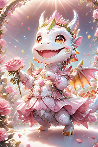  portrait of cute dragon,(dynamic  pose), high quality,(holding a pink rose) ,intricate details, highly detailed dress ,smile,highly detailed flower decorations, long tail , (wind effect),  confetti of roses background,sun light,(full body image:1.5),more detail XL,,cute dragon,sticker