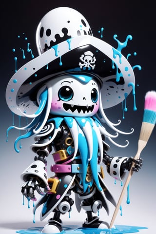 cute robo character of (squid),a mascot for tensor.art,cubby, ((holding a large paintbrush)), futuristic, cyborg style,(lovely smile),(pink cheeks) ,wearing a black pirate's hat,cute ,white platinum metallic line,light blue and white dripping paint ,squid head, squid arms, ,mecha,robo,PEOPShockedFace