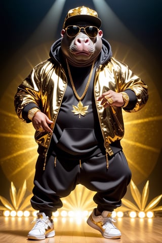  Dressed animals - a (fat) hippo hip hop dancer, ((dancing and singing)), god of hip hop, highly detailed ((hip hop fashion)) , highly detailed accessories , (wearing sunglasses and cap),dancing pose,wearing a jacket and hoodie delicately depicted with gold leaf detailing, printed onto a substantial and regal coat,Emphasize the intricate application of gold foil to capture the strength and valor of hip hop dancer. Ensure a visually stunning representation that combines the opulence of gold leaf with the historical passion of hip hop , creating a unique and impressive fashion through innovative image generation techniques.",abmhandsomeguy,(full body image:1.8), stadio lighting