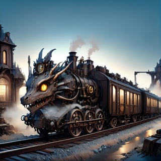 night time,realistic photo of dragon train,a steampunk style,(masterpiece),(best quality),wheels, dragon train on railroads ,steam ,moon night,perfect lighting, post-apocalyptic world,steampunk station background,buildings background,wide angle:1.5,dragon train,ste4mpunk city background,donmcr33pyn1ghtm4r3xl  