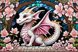 Happy, image of cute dragon,intricate details,cherry blossom background,
 blessed, welcoming , cute, adorable, vintage, art on a cracked paper, fairytale, patchwork, stained glass, storybook detailed illustration, cinematic, ultra highly detailed, tiny details, beautiful details, mystical, luminism, vibrant colors, complex background,,cute dragon