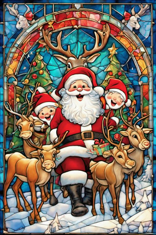 Happy, big smiles on  first christmas,  Santa Claus and reindeers,,
 blessed, welcoming , cute, adorable, vintage, art on a cracked paper, fairytale, patchwork, stained glass, storybook detailed illustration, cinematic, ultra highly detailed, tiny details, beautiful details, mystical, luminism, vibrant colors, complex background