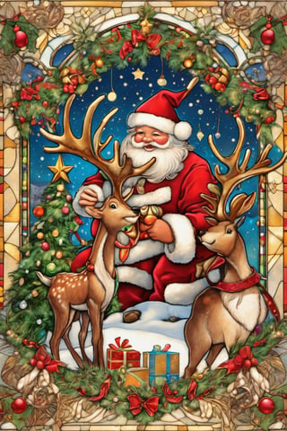 Happy, big smiles on  first christmas,  Santa Claus and reindeer,
 blessed, welcoming , cute, adorable, vintage, art on a cracked paper, fairytale, patchwork, stained glass, storybook detailed illustration, cinematic, ultra highly detailed, tiny details, beautiful details, mystical, luminism, vibrant colors, complex background