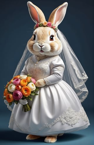 photorealistic portrait of Dressed animals - a ((fat)) cute rabbit,(elegant pose),(closed mouth),(frurry), high quality,(lovely) ,intricate details, highly detailed ((wedding dress)),wearing opera globes ,wearing highly detailed veil, highly detailed decorations ,holding flower bouquet, (happy), studio lighting,(full body image:1.5),comic book