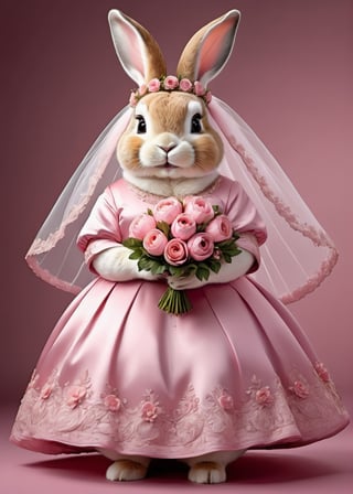 photorealistic portrait of Dressed animals - a ((fat)) cute rabbit,(elegant pose),(closed mouth),(frurry), high quality,(lovely) ,intricate details, highly detailed ((pink wedding dress)),wearing opera globes ,wearing highly detailed veil, highly detailed decorations ,holding flower bouquet, (happy), studio lighting,(full body image:1.5),comic book