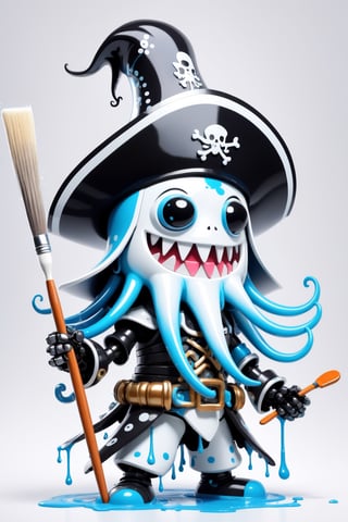 cute robo character of (squid),a mascot for tensor.art,cubby, ((holding a large paintbrush)), futuristic, cyborg style,(lovely smile),wearing a black pirate's hat,cute ,white platinum metallic line,light blue and white dripping paint ,squid head, squid arms, ,mecha,robo,PEOPShockedFace