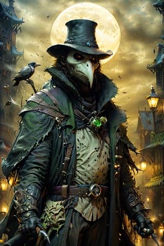 (((Top Quality: 1.4))), (Art by Todd McFarlane and Greg Capullo),Spawn comic style,(Unparalleled Masterpiece),(Ultra High Definition),(Ultra-Realistic 8k CG),chiaroscuro,Plague Doctor,detailed Plague Doctor's clothes ,wearing plague doctor's mask and hat , in dark medieval street,creepy atmosphere, eerie moon light penetrating makes gradient of shadows and adds depth to images, (magic mysterious background,highly detailed baclgound, glowing particles, ethereal fog, faint darkness), hype realistic cover photo awesome full color, Cinematic, (hyper detail: 1.2), perfect anatomy,more detail XL,Leonardo Style,,detailmaster2,((over waist image:1.8)),oil painting