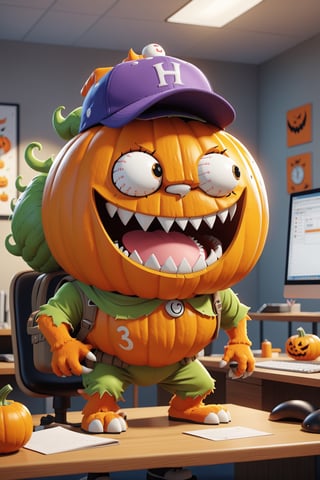 cartoon character classic, fantasy video game character ,Halloween character,concept art, a cute pumpkin monster wearing (baseball cap) , in modern office room,detailed ((office)) background, PC on office desk, Halloween ornaments, fantasy, animation style rendering, cute 3 D rendering, small characters. Unreal Engine 5, stylized anime, cute detailed digital art, 1970s dark fantasy movie, centred, rule of thirds,3d, ,monster,PEOPShockedFace