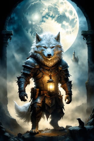 (((Top Quality: 1.4))), (Art by jean baptiste monge),(Unparalleled Masterpiece),(Ultra High Definition),(Ultra-Realistic 8k CG),chiaroscuro,cute white werwolf,king of werwolves massive mascular body ,fluffy body ,8 life size, in dark medieval castle,horror , eerie moon light makes gradient of shadows and adds depth to images, (magic mysterious background,highly detailed baclgound, glowing particles, ethereal fog, faint darkness), hype realistic cover photo awesome full color, Cinematic, (hyper detail: 1.2), perfect anatomy,more detail XL,Leonardo Style,,detailmaster2,((over waist image:1.8)),,realistic,monster