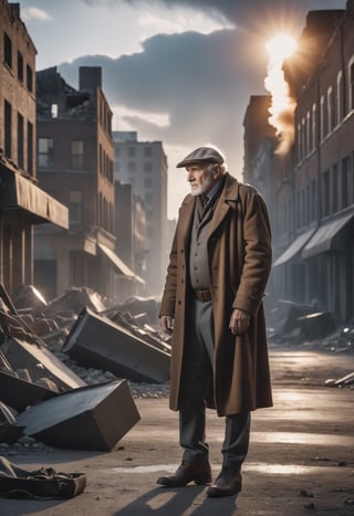 cinematic film stile,cinematic photo sad old man in a post apocalyptic destroyed city after nuclear blast, newdawn, high quality photography, 3 point lighting, flash with softbox, 4k, Canon EOS R3, hdr, smooth, sharp focus, high resolution, award winning photo, 80mm, f2.8, bokeh , detailed, realistic, 8k uhd, high quality, high quality photography, 3 point lighting, flash with softbox, 4k, Canon EOS R3, hdr, smooth, sharp focus, high resolution, award winning photo, 80mm, f2.8, bokeh . 35mm photograph, film, bokeh, professional, 4k, highly detailed, high quality photography, 3 point lighting, flash with softbox, 4k, Canon EOS R3, hdr, smooth, sharp focus, high resolution, award winning photo, 80mm, f2.8, bokeh . shallow depth of field, vignette, highly detailed, high budget, bokeh, cinemascope, moody, epic, gorgeous, film grain, grainy
