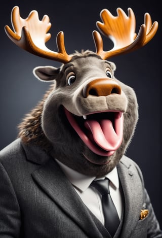 face close up photo of anthropomorphic fat moose,(furry), dressed in a dark gray suit, (sticking out tongue:1.5),(happy smile:1.5),(playful:1.2), soft lighting, Cinematic, hdr, primitive, Intricate, High quality, smoothing tones, Intricate details, Low contrast,(viewed from side:2.0), (looking at viwer:1.5), simple background