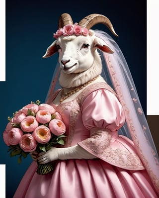  portrait of Dressed animals - a ((fat)) baby goat,(elegant pose),(closed mouth),(frurry), high quality,(lovely) ,intricate details, highly detailed ((pink wedding dress)),wearing opera globes ,wearing highly detailed veil, highly detailed decorations ,holding flower bouquet, (happy), studio lighting,(full body image:1.5),comic book