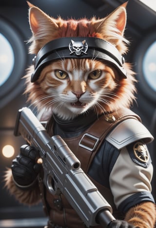cinematic photo ,a detailed award winning photo, cute red haired cat space pirate on his spaceship ,realistic fur, fangs , angry, holding a big futuristic gun, epic pose, high quality photography, 3 point lighting, flash with softbox, 4k, Canon EOS R3, hdr, smooth, sharp focus, high resolution, award winning photo, 80mm, f2.8, bokeh ,35mm photograph, film, bokeh, professional, 4k, highly detailed,(face close up)