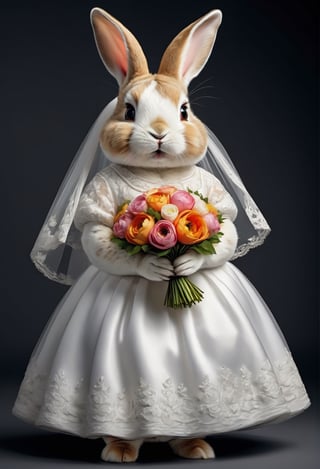 photorealistic portrait of Dressed animals - a ((fat)) baby rabbit,(elegant pose),(closed mouth),(frurry), high quality,(lovely) ,intricate details, highly detailed ((wedding dress)),wearing opera globes ,wearing highly detailed veil, highly detailed decorations ,holding flower bouquet, (happy), studio lighting,(full body image:1.5),comic book