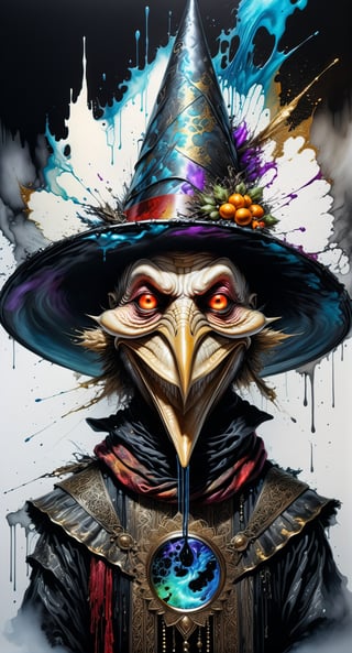 Ultra-Wide angle shot, photorealistic of gothic medieval of  stylish (turkye) character wearing pilgrim outfits,(turkey),(long neck), (large beak),(horror), (creepy smile),art by Carne Griffiths,thanksgiving atmothphere,ornaments of thanksgiving, merged visuals, evocative storytelling, creative blending, seeBlack ink flow: 8k resolution photorealistic masterpiece:  intricately detailed fluid gouache painting: calligraphy: acrylic: colorful watercolor art, cinematic lighting, maximalist photoillustration: by marton bobzert: 8k resolution concept art intricately detailed, complex, elegant, expansive, fantastical, psychedelic realism, dripping paint,,DonML1quidG0ldXL ,Digital painting ,PEOPShockedFace,(((pointing at viewer)))