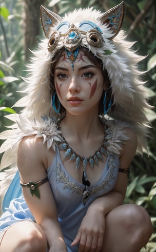 fashion photography portrait of 1girl, princess mononoke,(wearing (princess mononoke coscume)),crouching,face paint,muscular body,slim abs,in blue lush jungle with flowers , 3d render, cgi, symetrical, octane render, 35mm, bokeh, 9:16, (intricate details:1.12), hdr, (intricate details, hyperdetailed:1.15), (natural skin texture, hyperrealism, soft light, sharp:1.2),,realistic,realism,photorealistic,Masterpiece,nargacuga armor,Realism,More Detail,princessmononoke,character,1 girl,low angle