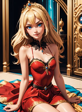 1girl, beautiful Princess wearing a royale red poofy princess dress , small nose, delicate, tan skin, big blue eyes, black brows, blonde hairstyle, evil smirk, looking_at_camera, in castle, dynamic pose, cinematic lights, cowboy shot, Bokeh, deep of field, gold tiara,  sitting_down