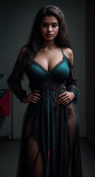 Cyberpunk, Neon glow, excited,(full body,standing,hand on hip)edgwrench, a woman in a black dress, seducing beauty, 
Busty, wearing edgwrench,embroidery,ribbons, curvy women, masterpiece, high resolution, pavada , long gown , best quality, 4k,  plump face, 38 years old plump women:2, thick body, , solo, beauty photo, amateur photo, skin texture:1, women , eye level, oversized shirt, and hoop earrings, Teal-colored Flat ironed straight, stand pose in locker room,lighting,photorealistic,redneonstyle, ,CyberpunkWorld,27 year old girl,edgwrench,wrenchfaeflare