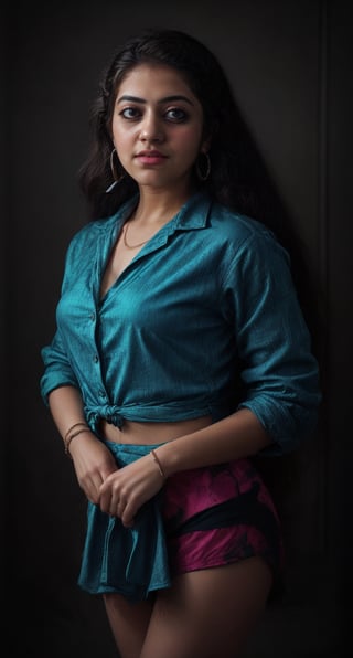 Cyberpunk, Neon glow, masterpiece, high resolution, best quality, 4k, 1girl, solo, beauty photo, amateur photo, 1girl, eye level, oversized button-up shirt, and hoop earrings, Teal-colored Flat ironed straight, stand pose in locker room,lighting,photorealistic,Curly girl ,redneonstyle,Rebecca ,Mallu girl 