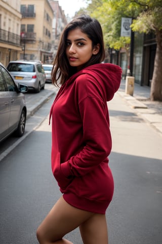 There a girl isma young hot beautiful hsdan girl Wearing red hoodie, hot looks face features like Kama Kaif, summer look Standing locking into the camera, portrait causal phets ResPurtrat