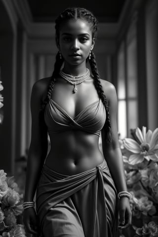 In a flower grand setting, a 28-year-old woman with braided hair stands solo-focused in front view, her stunning saree flowing from her navel. The camera captures the sultry shot as she confidently showcases her curvy figure. Her braided hair tail fall down to hip,  A pearl necklace adorns her neck, complemented by dangling earrings and a bracelet that catches the light. Her lips pout slightly, drawing attention to her captivating eyes like perfect pearls, gazing directly at us with an inviting intensity.,Saree