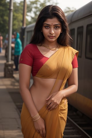 (Thrissur:1.3), (city, railway station, railway track, busy people), Raw photo of (25yo Kerala Beautiful young woman:1.1) (best quality, highres, ultra-detailed:1.2), vibrant colors, glowing dimond, glowing eyes, realistic Raw photo, realistic lighting,  (perfect saree)  exotic beauty, mesmerizing eyes, girl ,Thrissur,Sexy Pose,Styles Pose,1woman