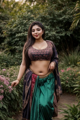 A stunning young woman in a traditional Indian national costume adorned with intricate embroidery and ornaments poses amidst vibrant blooms in a botanical garden on a radiant sunny day. Soft, golden light illuminates her big eyes, sparkling like diamonds, against the lush greenery and colorful flowers, creating a picturesque backdrop for her elegant beauty as she beams with a warm smile.,Plump chubby curvy women 