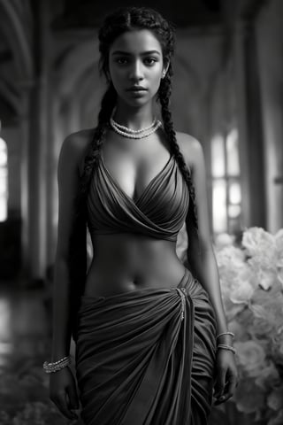 In a flower grand, a 28-year-old woman with braided hair stands solo-focused in front view, her stunning saree flowing from her navel. The camera captures the sultry shot as she confidently showcases her curvy figure. Her braided hair tail fall down to hip,  A pearl necklace adorns her neck, complemented by dangling earrings and a bracelet that catches the light. Her lips pout slightly,Saree,Big eyes 