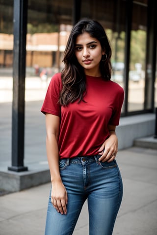 There a girl isma young hot beautiful hsdan girl Wearing red Shirt and Jeans, hot looks face features like Kama Kaif, summer look Standing locking into the camera, portrait causal phets ResPurtrat