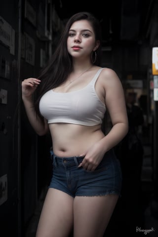 Bra:2, t shirt, Tanktop, plump, Cyberpunk, Neon glow, curvy women:2, milf ,  bubbly, masterpiece, high resolution,  long gown, best quality, 4k, plump face, 38 years old , huge,  women, shorts,  hot pants, thick_hip, solo, beauty photo, amateur photo, skin texture:2, 1girl, eye level, and hoop earrings, red_teal_orange-colored busty ironed straight, stand, room,lighting,photorealistic ,CyberpunkWorld, twin_tailscprebecca,27 year old, dark skin ,Fit girl,Curly girl ,Plump chubby
