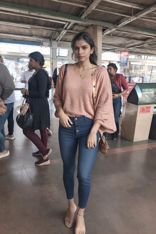 Ultra realistic full body photo of petite  italian female model  modeling upscale dolman sleeve travel inspired grunge knit silk outfit with cool metallic elements zippers buttons clips  in new york,Railway station,Thrissur