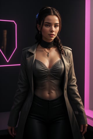 A 25-year-old woman with a fit body and long, dark hair adorned with a hair ornament, stands solo in a futuristic room illuminated by neon lights. Her brown eyes lock onto the viewer as she wears a designer blouse and jacket, paired with a turtle-neck sweater underneath. A braided ponytail flows down her back, and her plump lips curve into a subtle smile. She's dressed in a long skirt, black high-waisted pants, and a bioluminescent dress that glows softly. Her navel is exposed, and she wears a necklace, earrings, and ring. The camera captures her looking directly at us, with a realistic, photorealistic focus on her features.,Fit body