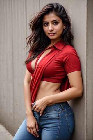 There a girl isma young hot beautiful hsdan girl Wearing red Shirt and Jeans, hot looks face features like Kama Kaif, summer look Standing locking into the camera, portrait causal phets ResPurtrat,Saree