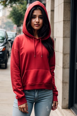 There a girl isma young hot beautiful hsdan girl Wearing red hoodie, hot looks face features like Kama Kaif, summer look Standing locking into the camera, portrait causal phets ResPurtrat