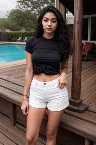 Here's a prompt for SD:

A sultry 22-year-old Instagram model strikes a pose, one foot planted firmly on the deck of a vibrant pool party. Her long, dark hair is tied back, showcasing her exotic features. She exudes confidence and attitude, wearing a black t-shirt and white shorts that accentuate her toned physique. Her bright yellow eyes sparkle with sass as she stands barefoot, her full body radiating an aura of beauty and allure.